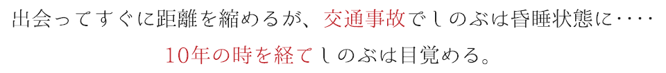 出会ってすぐに距離を縮めるが、交通事故でしのぶは昏睡状態に‥‥ 10年の時を経てしのぶは目覚める。